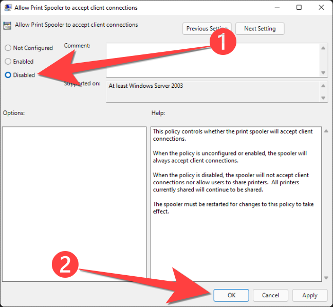 Окно политики с выбранным параметром 'Disabled' и кнопкой 'OK'