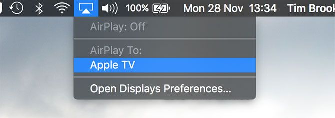 Меню AirPlay в строке меню macOS