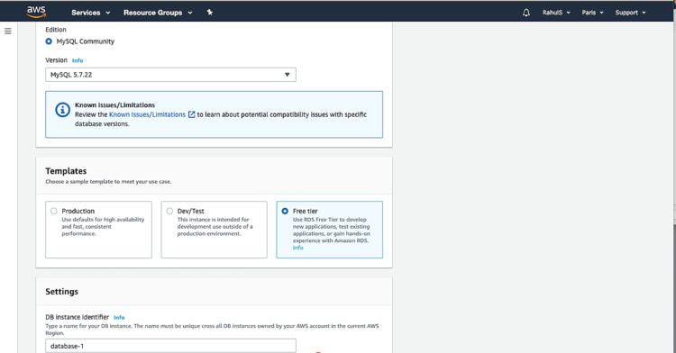 Выбор версии MySQL и шаблона Free Tier