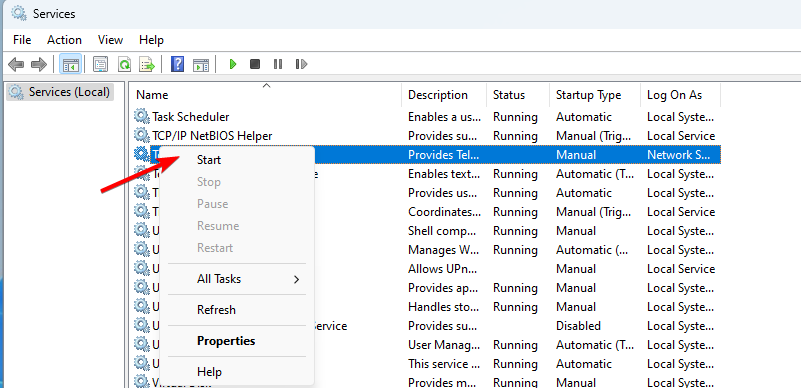 Окно «Службы» с выбранной службой сенсорной клавиатуры