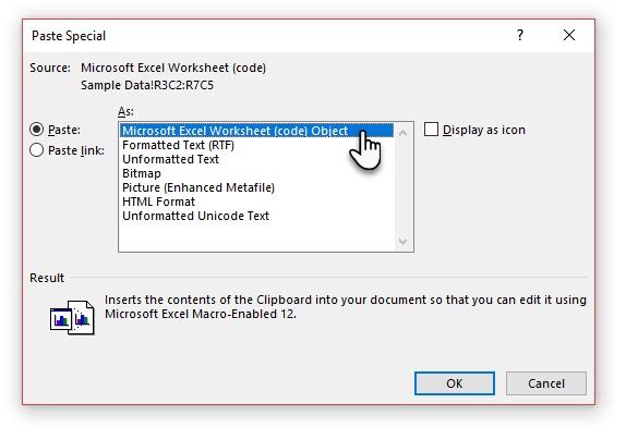 Вставка специальным образом: пример таблицы Excel как объект Word