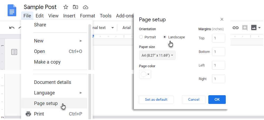 Диалог «Параметры страницы» в Google Docs, режим «Альбомная»