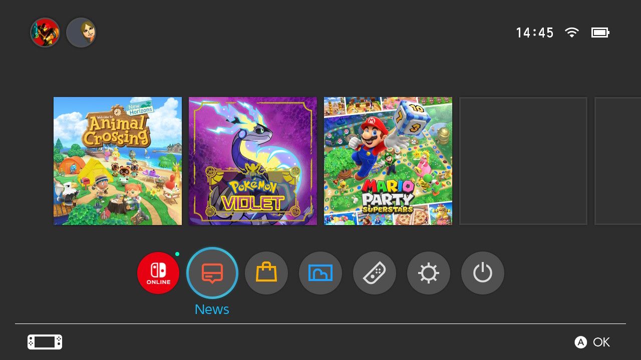 Скриншот главного меню Nintendo Switch с выделенной вкладкой Новости