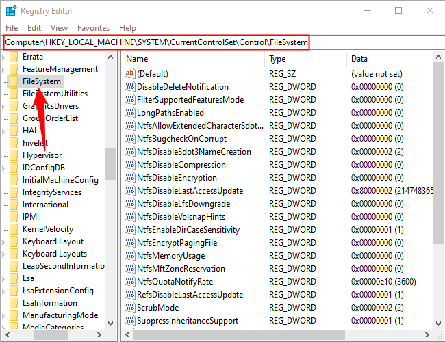 Ключ FileSystem в редакторе реестра.
