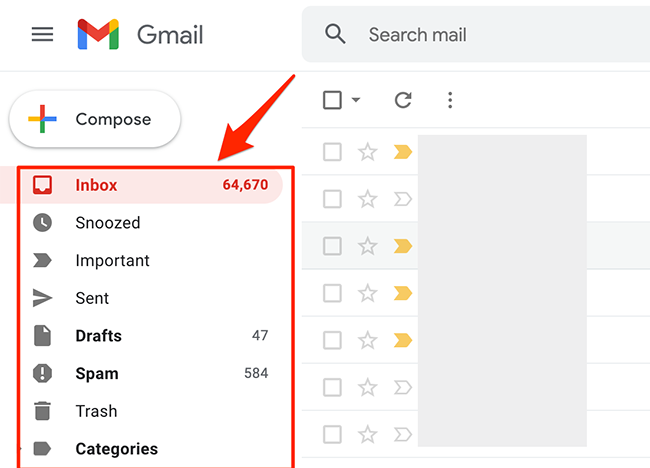 Выберите папку в боковой панели Gmail