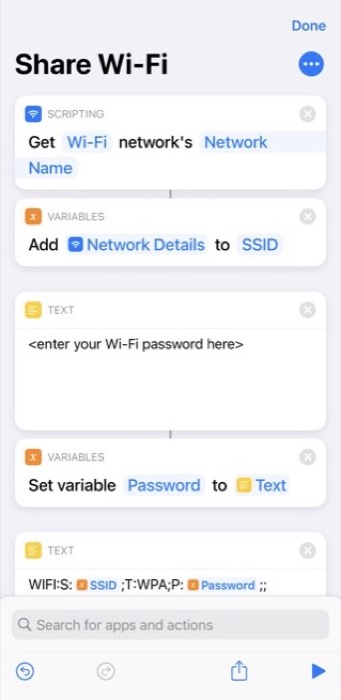 Изменение текста в ярлыке Share Wi‑Fi в приложении Shortcuts
