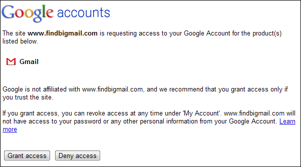 Интерфейс сканера больших писем с примером метки в Gmail
