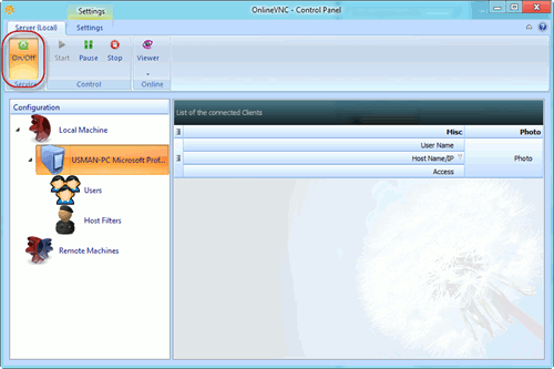 Интерфейс OnlineVNC с включением сервера