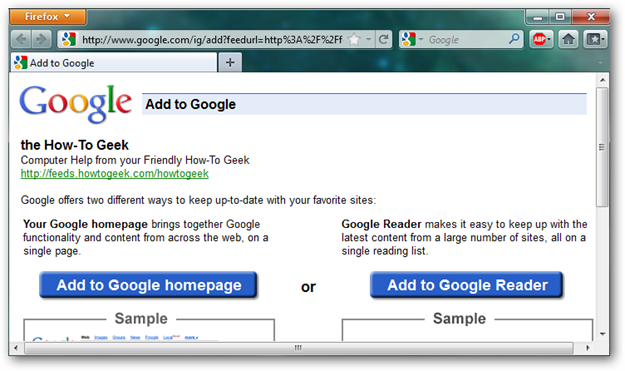 Выбор добавления подписки в Google Reader или на домашнюю страницу Google