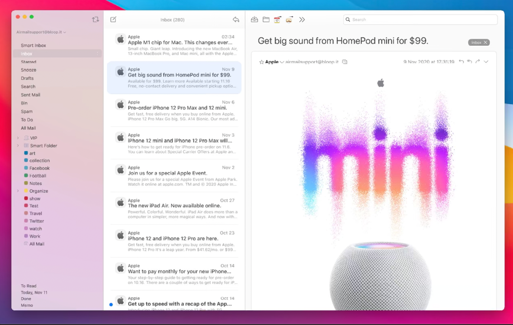 Основной вид почтового ящика в Airmail