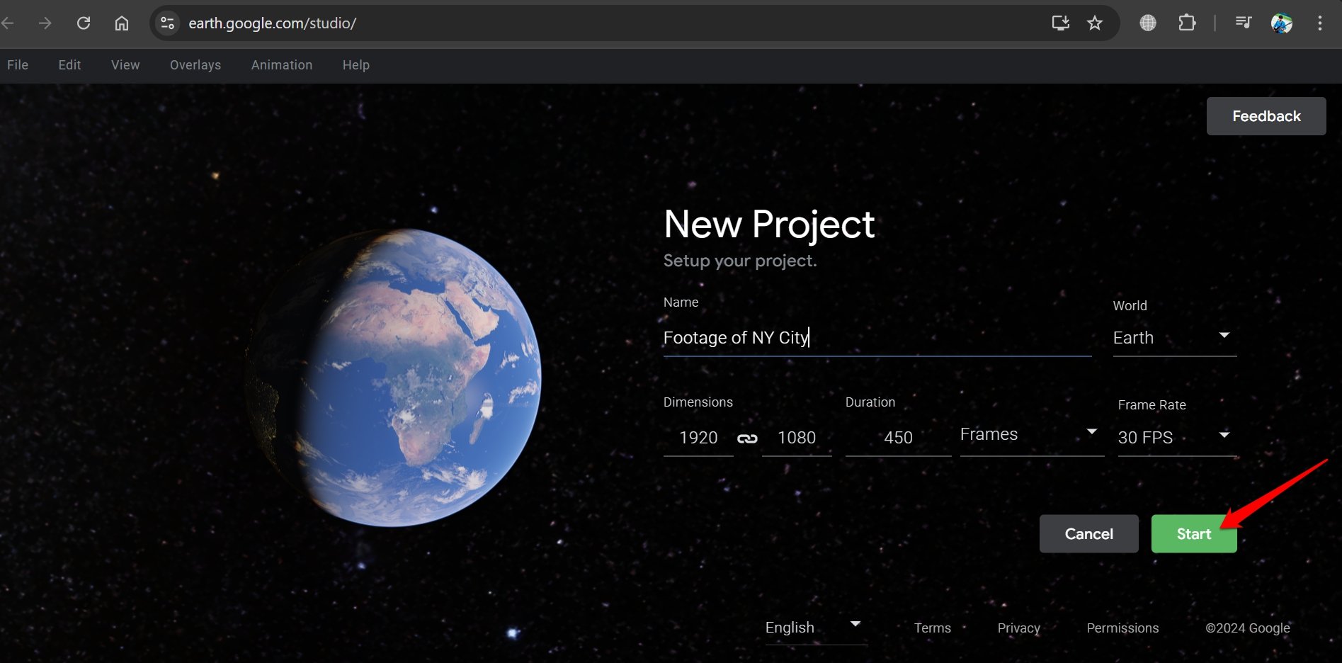 Окно настройки проекта в Earth Studio