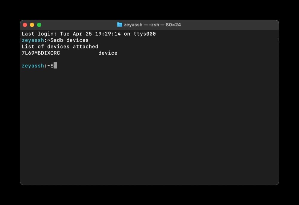 Вывод команды adb devices в терминале macOS