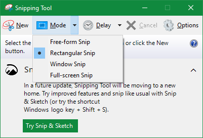 описание: главное окно Snipping Tool с меню режимов