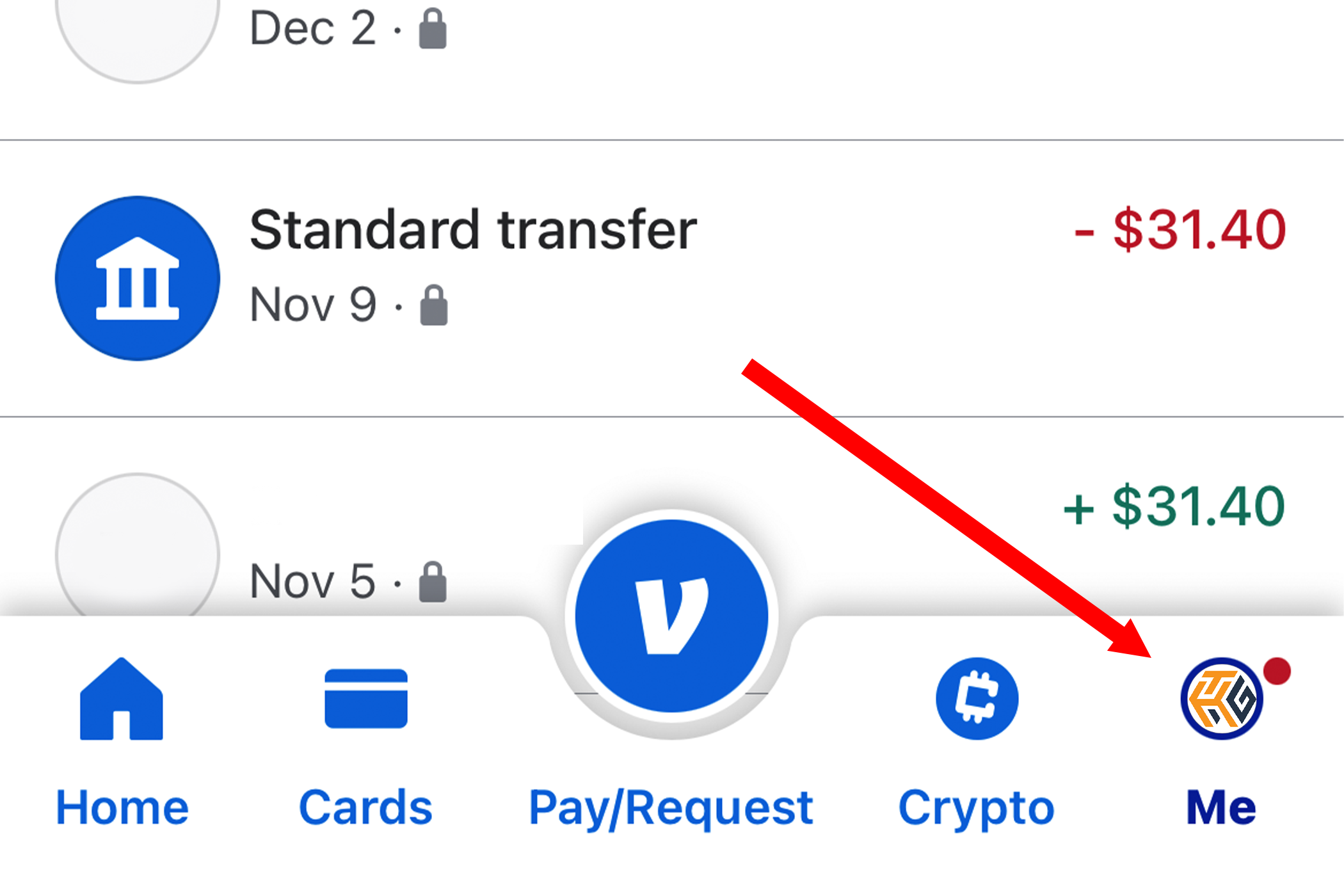 Открытие страницы 'Me' в приложении Venmo.