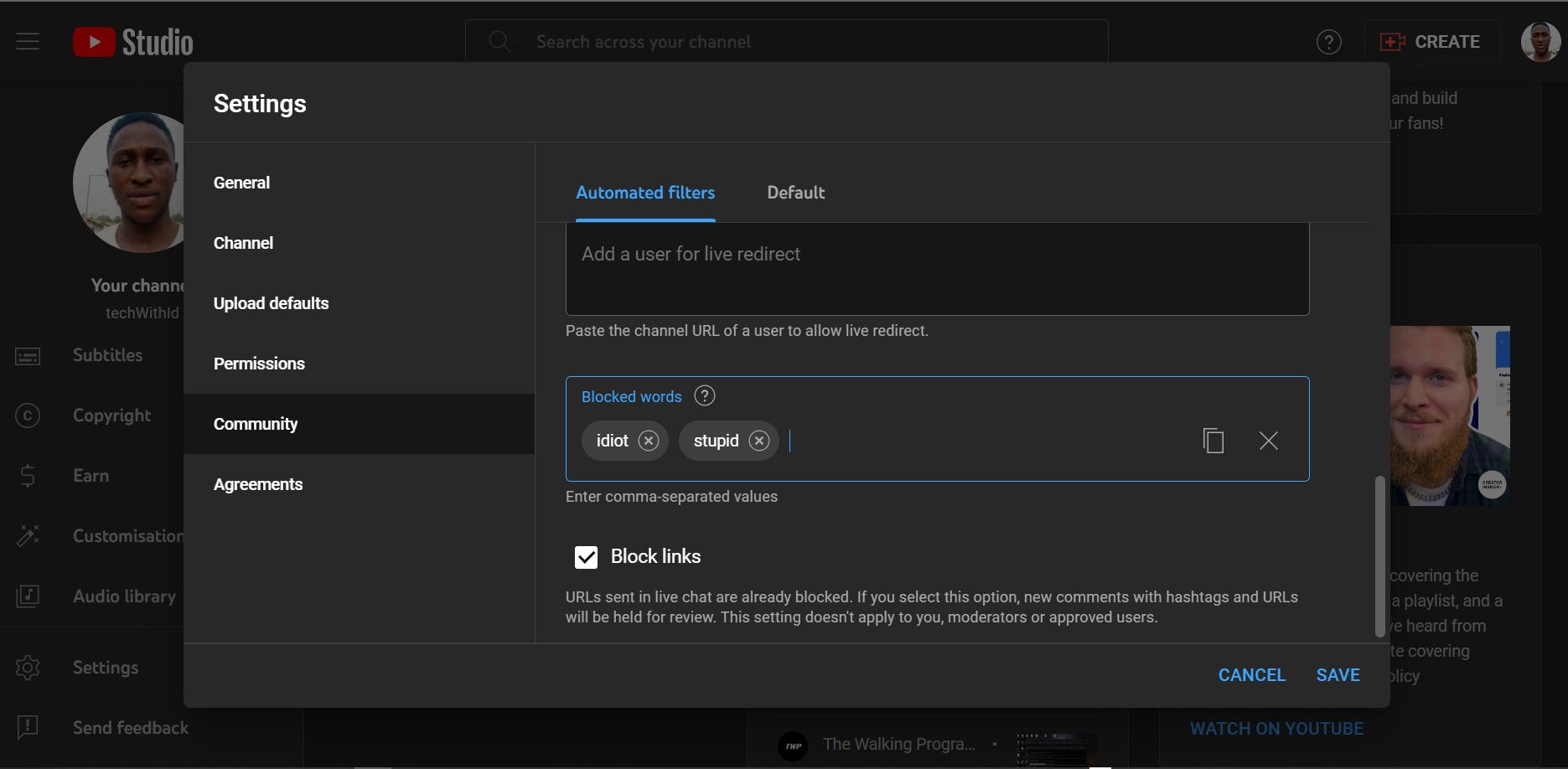 Настройки Заблокированных слов