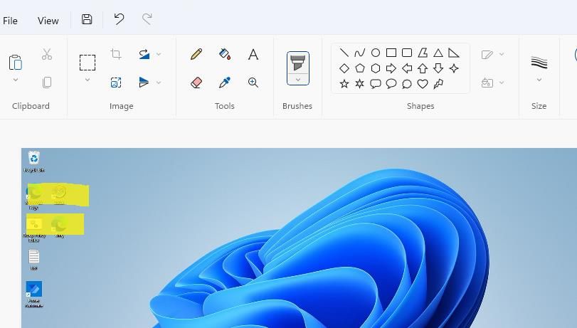 Иконки рабочего стола, выделенные маркером в Paint