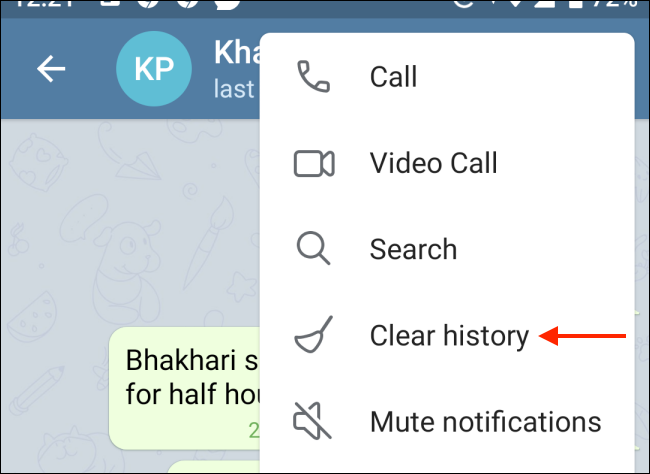 Tap Clear History From Telegram Menu