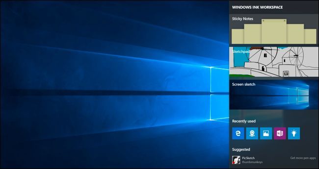 Панель Windows Ink Workspace с быстрыми плитками приложений