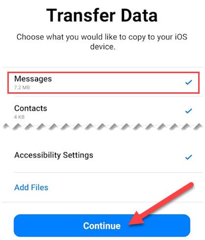 Выбор «Сообщения» в списке данных для переноса.