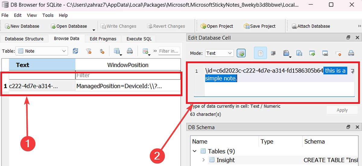 Просмотр содержимого заметок в DB Browser