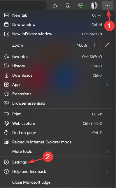 Меню «Настройки и прочее» в Edge