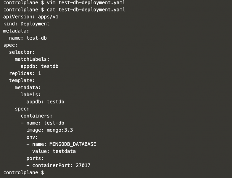 Файл test-db-deployment.yaml — определение Deployment для MongoDB