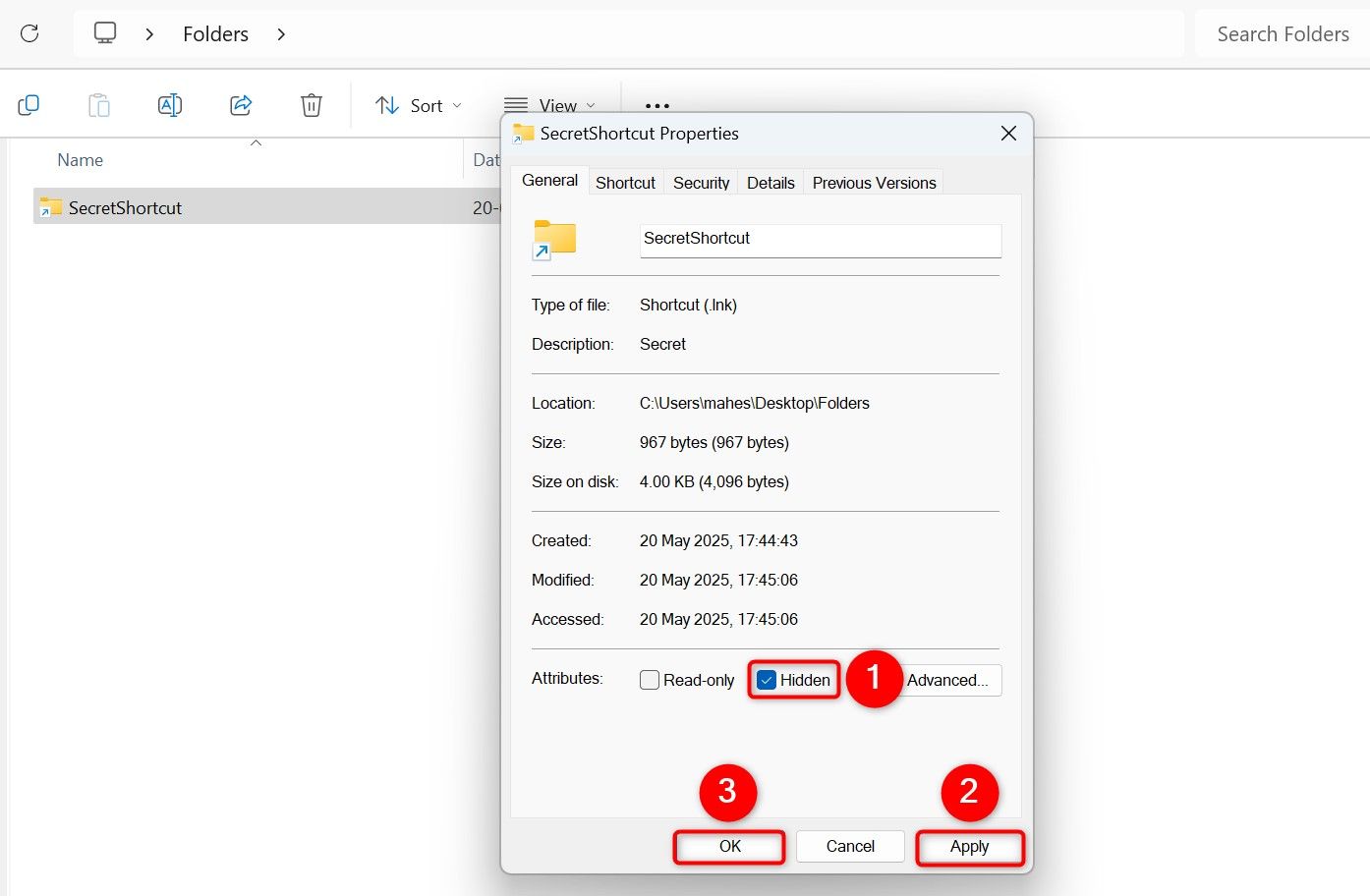 Окно свойств ярлыка с выделенными опциями скрытия и применить.