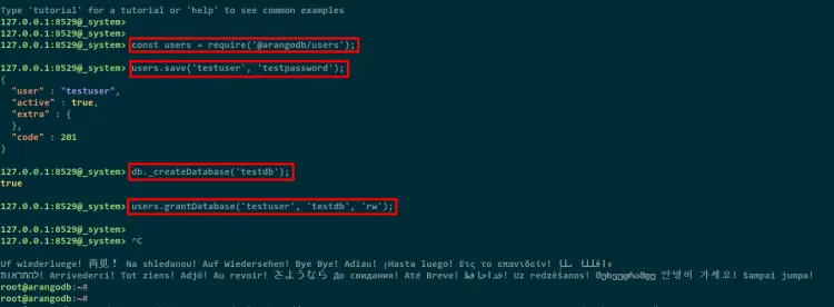 Создание пользователя и базы данных в arangosh