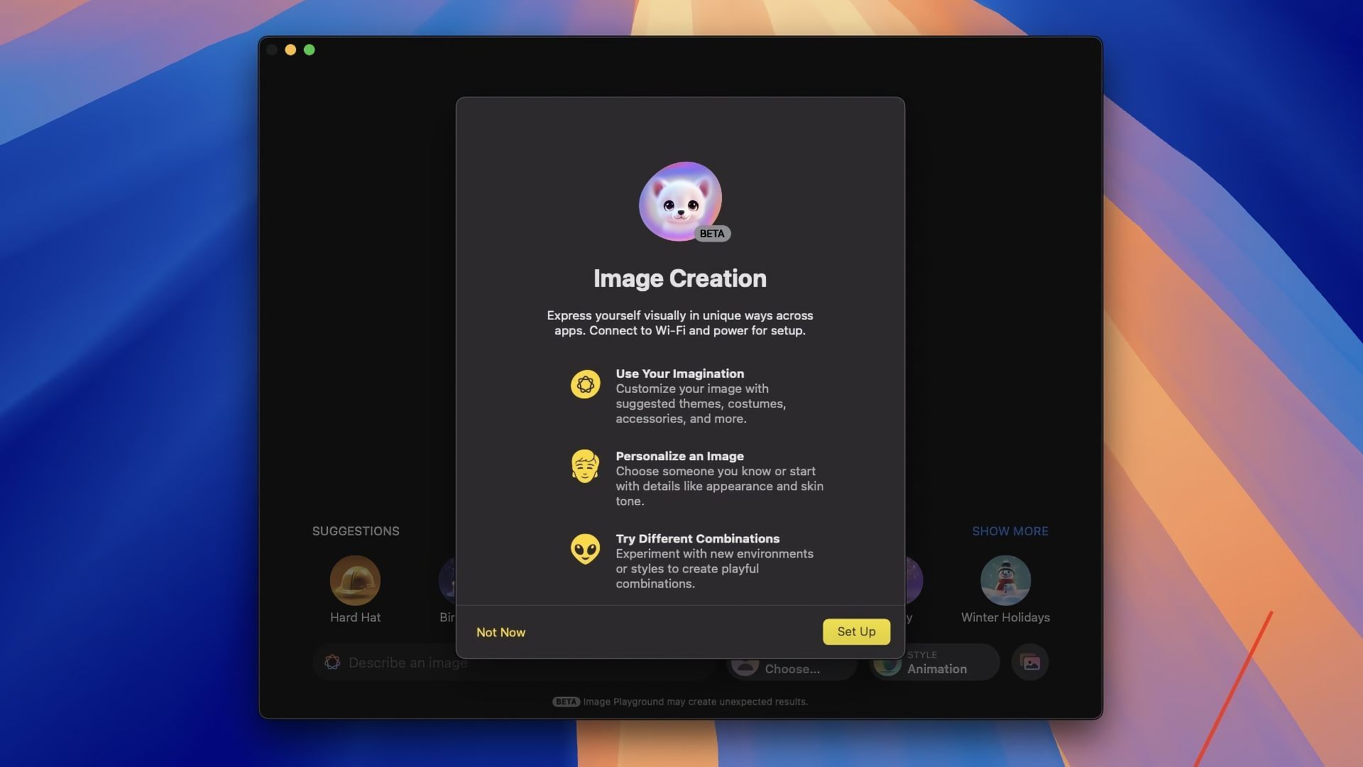 Image Playground на Mac: экран с приветствием и стилями генерации изображений.