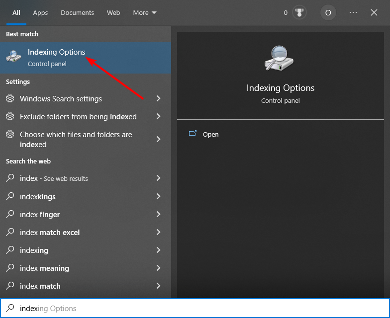 Окно Параметры индексирования Windows