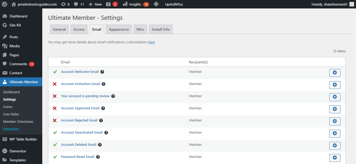 Настройки писем активации в Ultimate Member