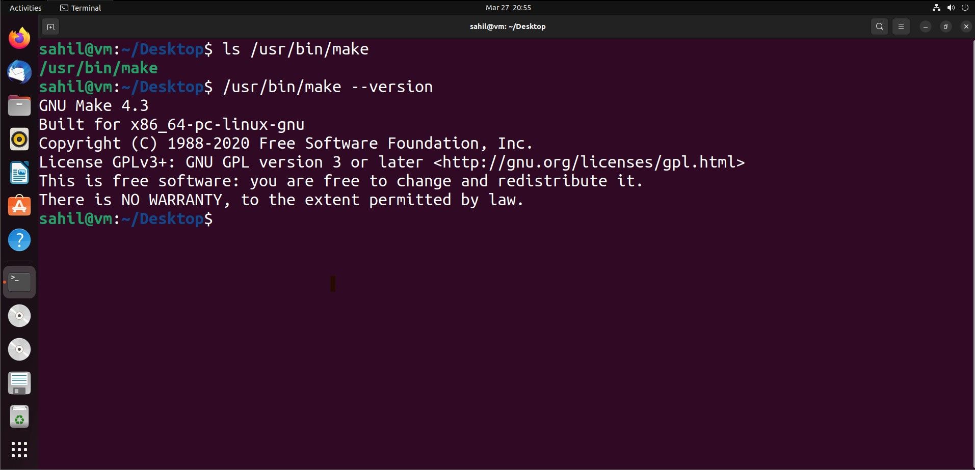 Терминал Ubuntu: проверка наличия make (ls и --version)