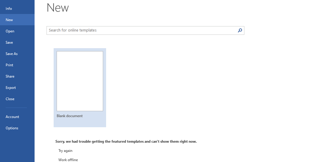 Окно нового документа с пустым документом и строкой поиска шаблонов