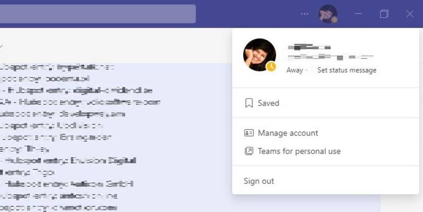 Меню профиля в приложении Microsoft Teams на Windows