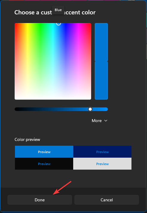 Выбор цвета и нажатие Готово