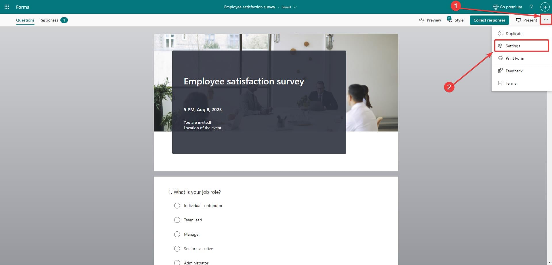 параметры формы в Microsoft Forms