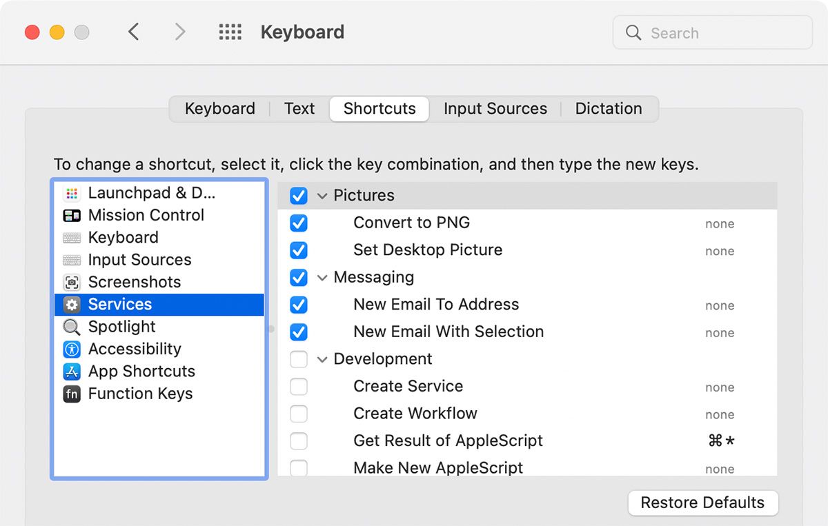 Ярлыки сервисов в macOS