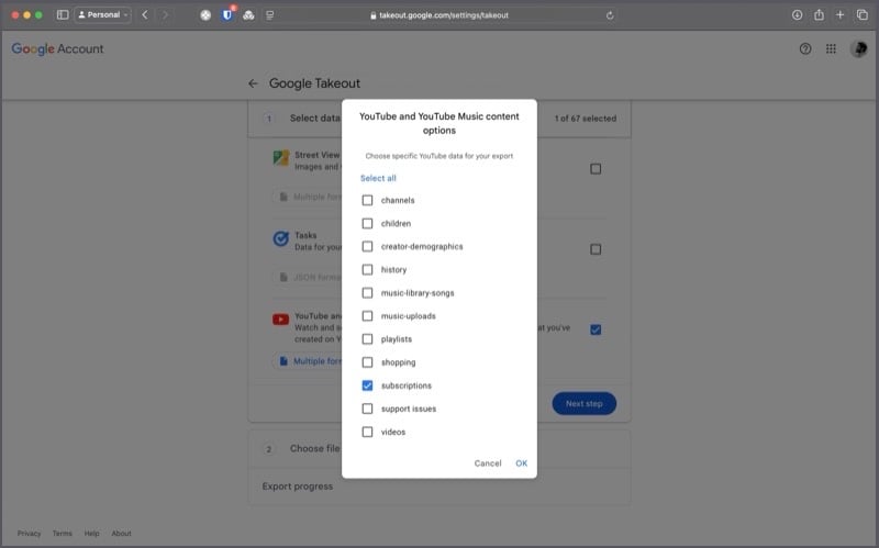 Создание экспорта Google Takeout
