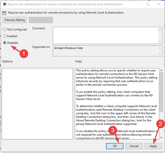 Отключение требования NLA в локальной политике