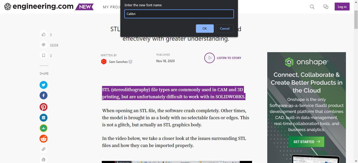 Просмотр страницы с заменённым шрифтом Calibri