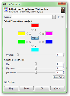 Изменение зелёного в синий с помощью Hue/Saturation