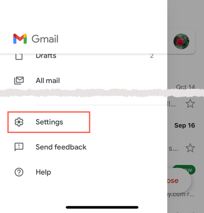 Опция Settings в мобильном меню Gmail
