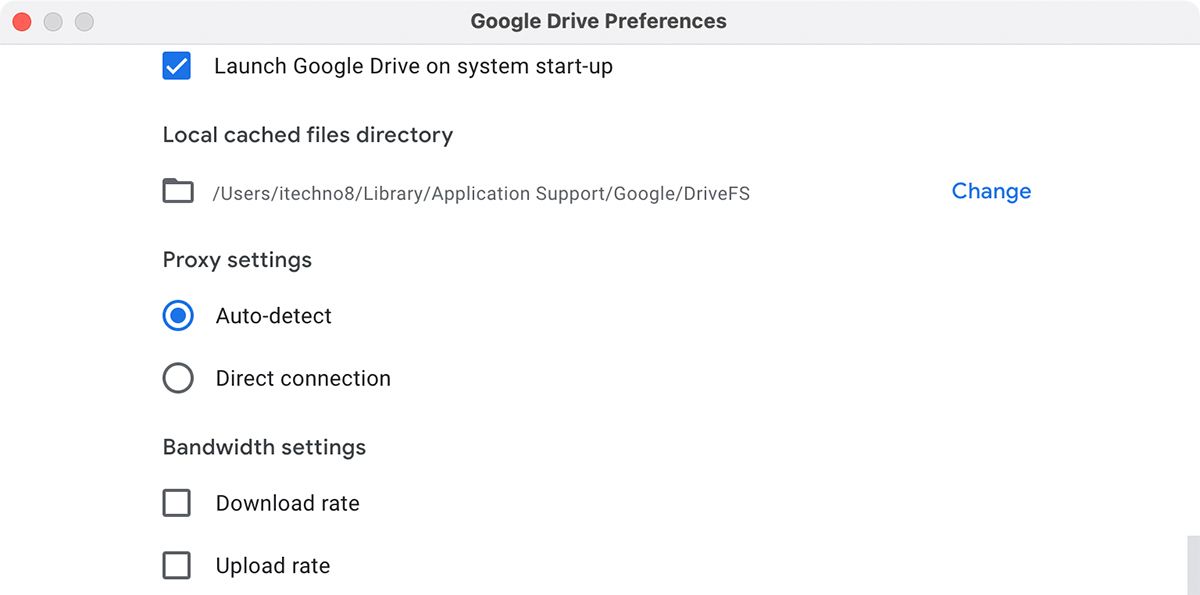 Настройки Google Drive в окне Preferences