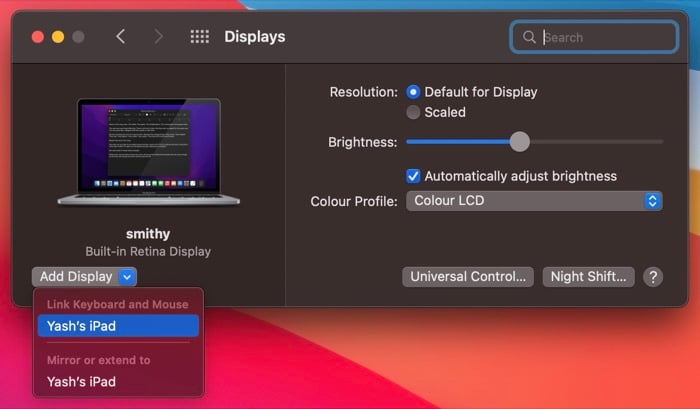 linking devices over universal control