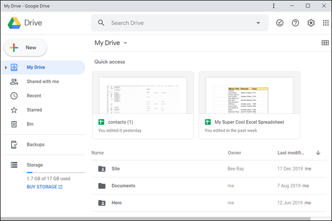 Интерфейс PWA Google Drive, похожий на веб‑страницу.