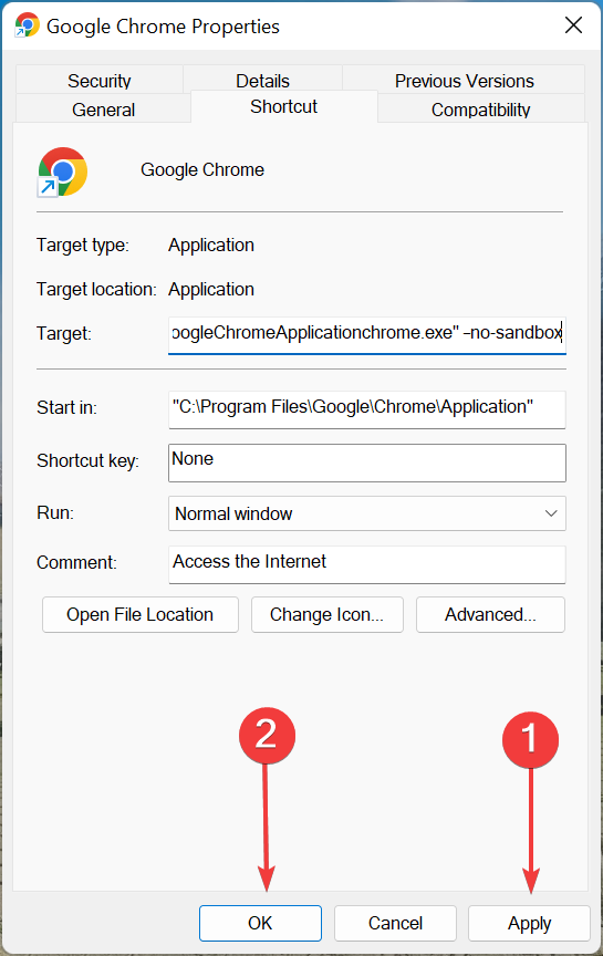 Подтверждение изменений в свойствах ярлыка