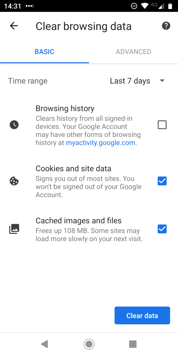 Chrome — окно удаления истории