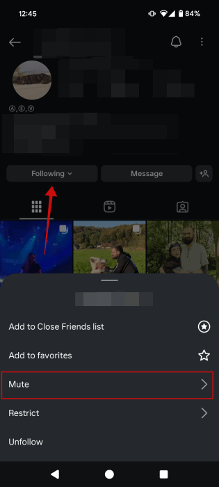 Seleccionar la opción Silenciar en el perfil del usuario de Instagram