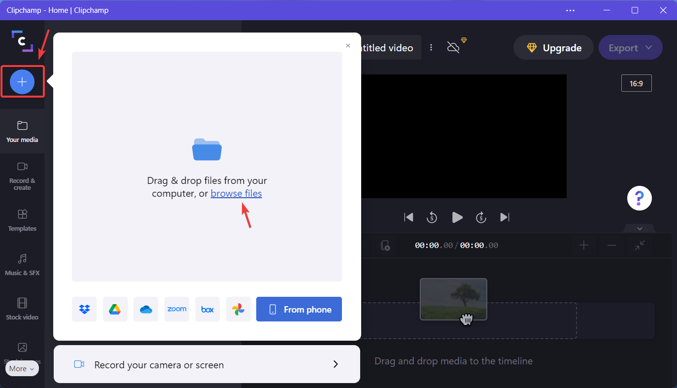 Добавление видео в Clipchamp через кнопку плюс