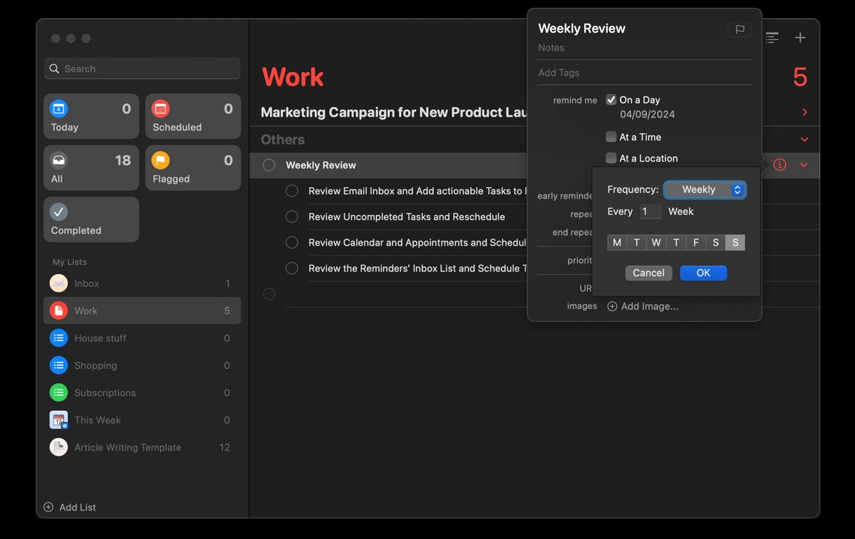 Задача еженедельного обзора в приложении Reminders